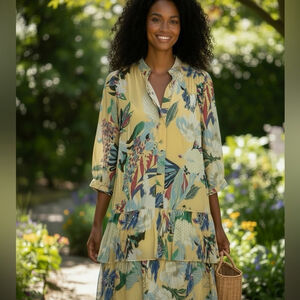 The Korner Yellow Floral Tiered Dress Size Small Maximalist Vacation